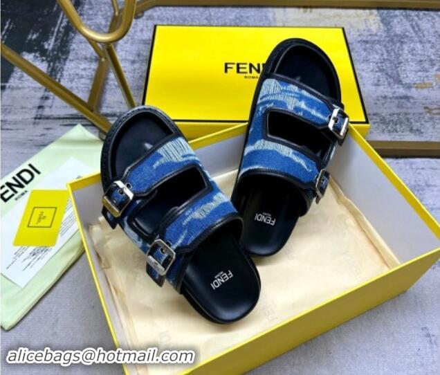 Grade Quality Fendi Denim Flat Slides Sandal with Buckle Blue/Black 813128