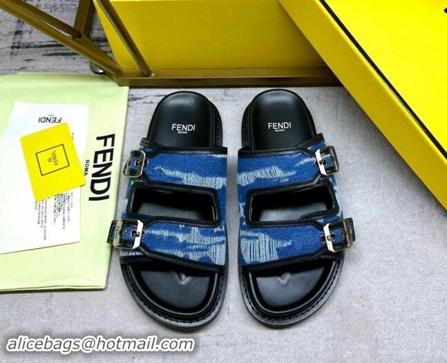 Grade Quality Fendi Denim Flat Slides Sandal with Buckle Blue/Black 813128