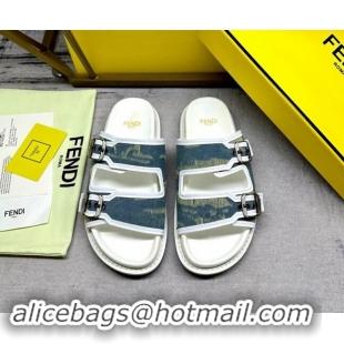 Good Quality Fendi Denim Flat Slides Sandal with Buckle Blue/White 813129