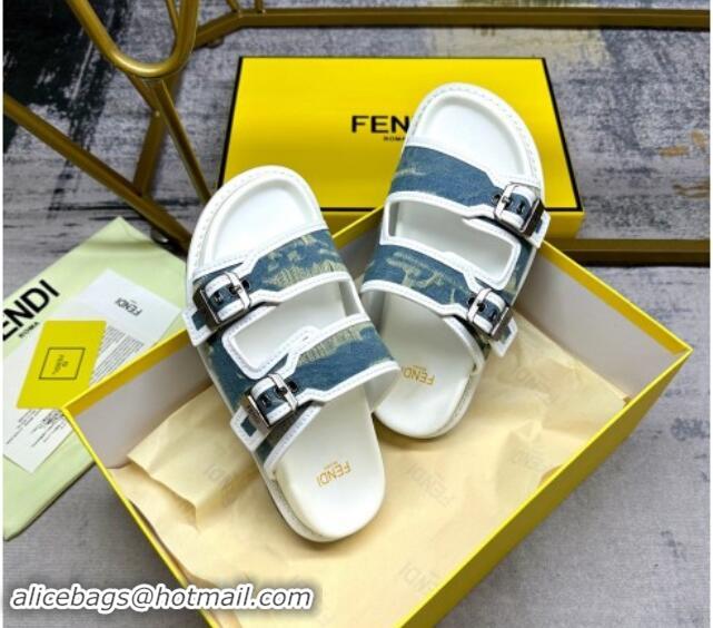 Good Quality Fendi Denim Flat Slides Sandal with Buckle Blue/White 813129