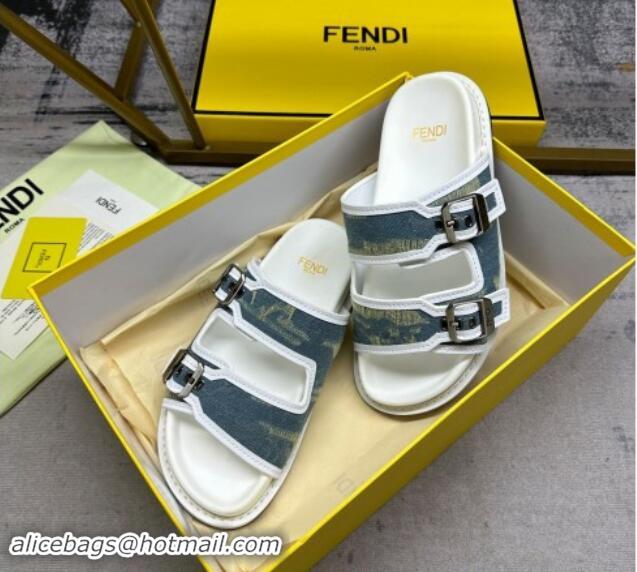 Good Quality Fendi Denim Flat Slides Sandal with Buckle Blue/White 813129