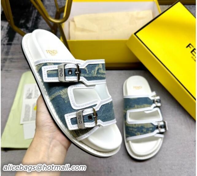 Good Quality Fendi Denim Flat Slides Sandal with Buckle Blue/White 813129