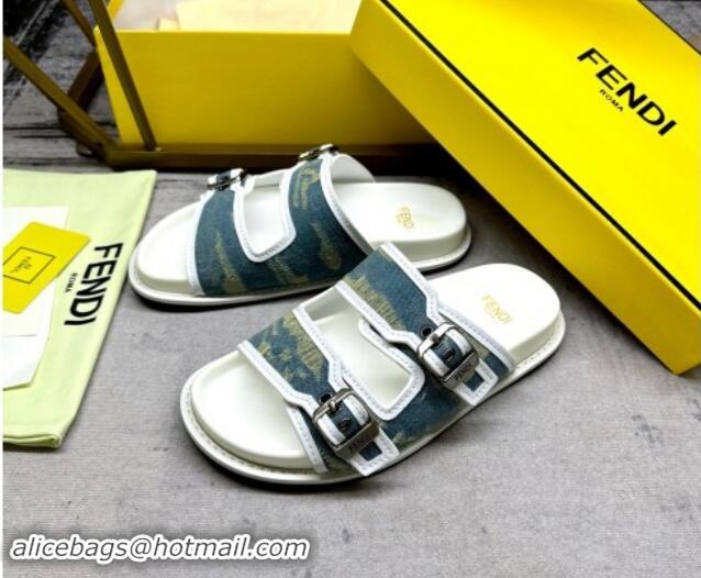 Good Quality Fendi Denim Flat Slides Sandal with Buckle Blue/White 813129