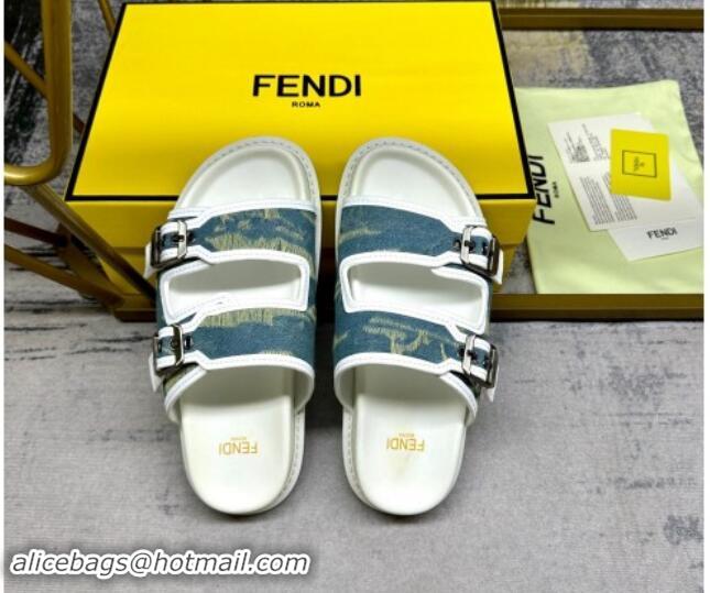 Good Quality Fendi Denim Flat Slides Sandal with Buckle Blue/White 813129