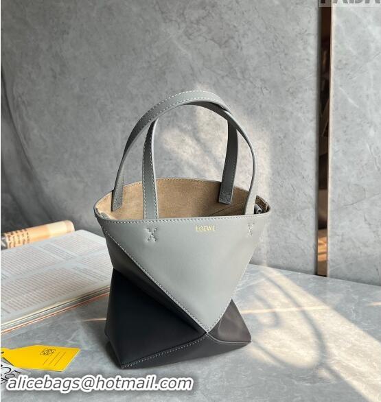 Famous Brand Loewe Mini Puzzle Fold Tote Bag in patchwork calfskin L0051 Light Grey/Dark Grey 2024