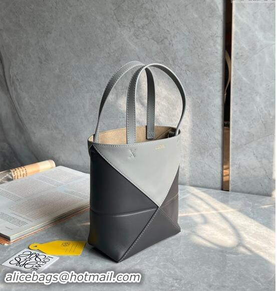 Famous Brand Loewe Mini Puzzle Fold Tote Bag in patchwork calfskin L0051 Light Grey/Dark Grey 2024