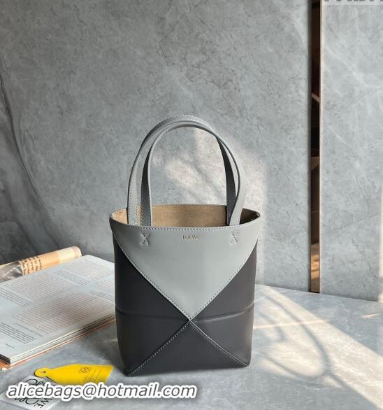 Famous Brand Loewe Mini Puzzle Fold Tote Bag in patchwork calfskin L0051 Light Grey/Dark Grey 2024