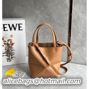 New Design Loewe Mini Puzzle Fold Tote Bag in shiny calfskin Warm Desert L0051 Brown 2024