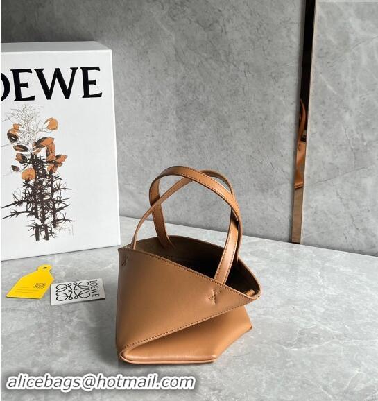 New Design Loewe Mini Puzzle Fold Tote Bag in shiny calfskin Warm Desert L0051 Brown 2024