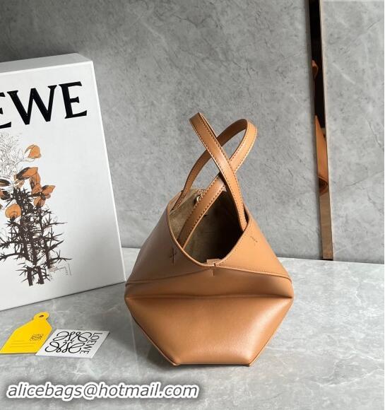 New Design Loewe Mini Puzzle Fold Tote Bag in shiny calfskin Warm Desert L0051 Brown 2024