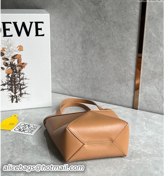 New Design Loewe Mini Puzzle Fold Tote Bag in shiny calfskin Warm Desert L0051 Brown 2024