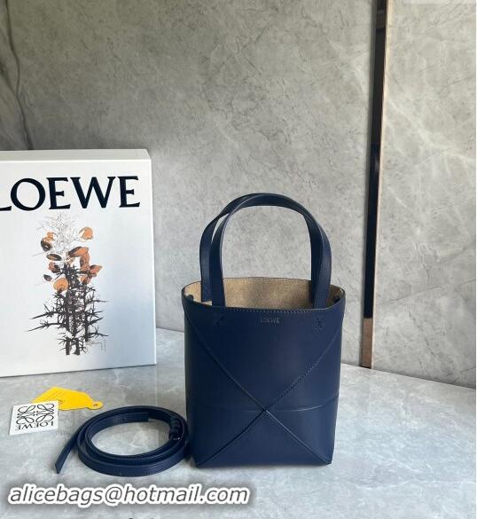 Super Quality Loewe Mini Puzzle Fold Tote Bag in patchwork calfskin L0051 Abyss Blue 2024