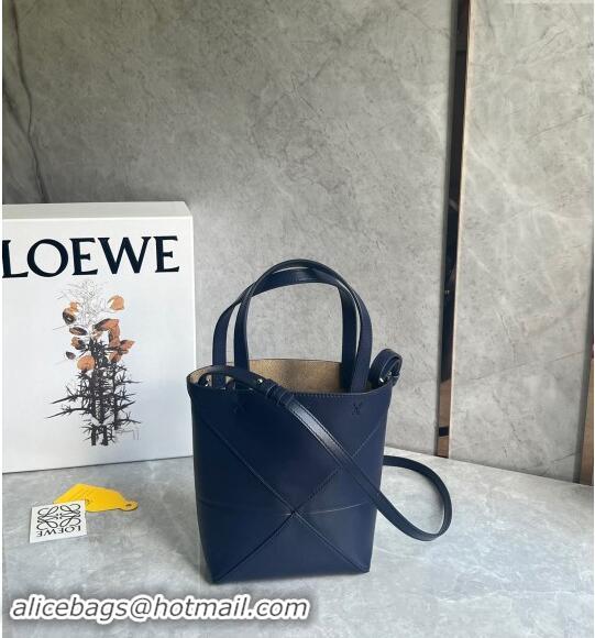 Super Quality Loewe Mini Puzzle Fold Tote Bag in patchwork calfskin L0051 Abyss Blue 2024