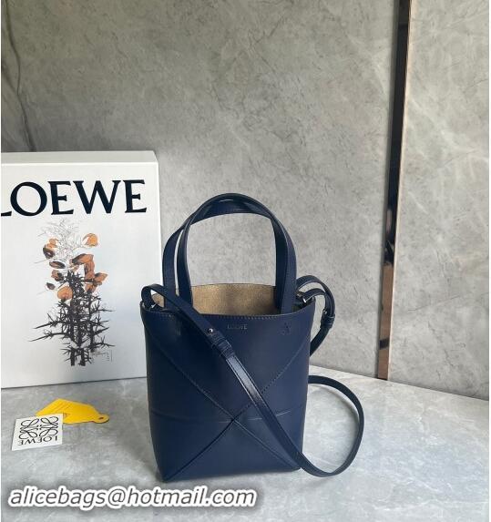 Super Quality Loewe Mini Puzzle Fold Tote Bag in patchwork calfskin L0051 Abyss Blue 2024