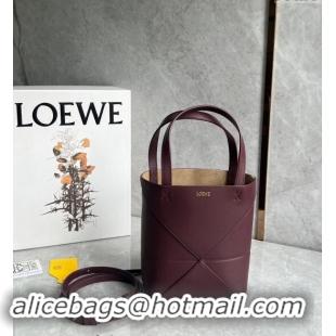 Top Quality Loewe Mini Puzzle Fold Tote Bag in shiny calfskin L0051 Dark Burgundy 2024