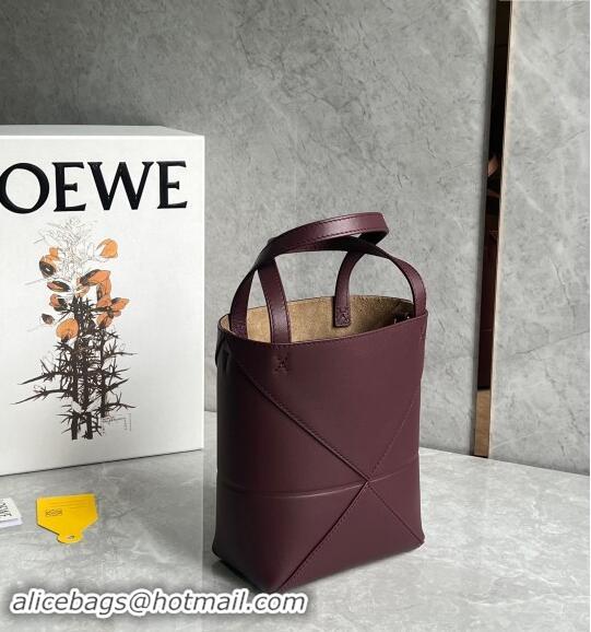 Top Quality Loewe Mini Puzzle Fold Tote Bag in shiny calfskin L0051 Dark Burgundy 2024