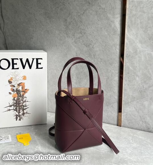 Top Quality Loewe Mini Puzzle Fold Tote Bag in shiny calfskin L0051 Dark Burgundy 2024