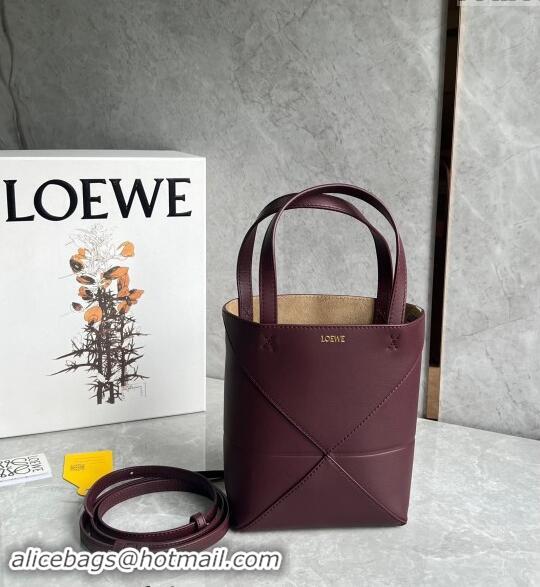 Top Quality Loewe Mini Puzzle Fold Tote Bag in shiny calfskin L0051 Dark Burgundy 2024