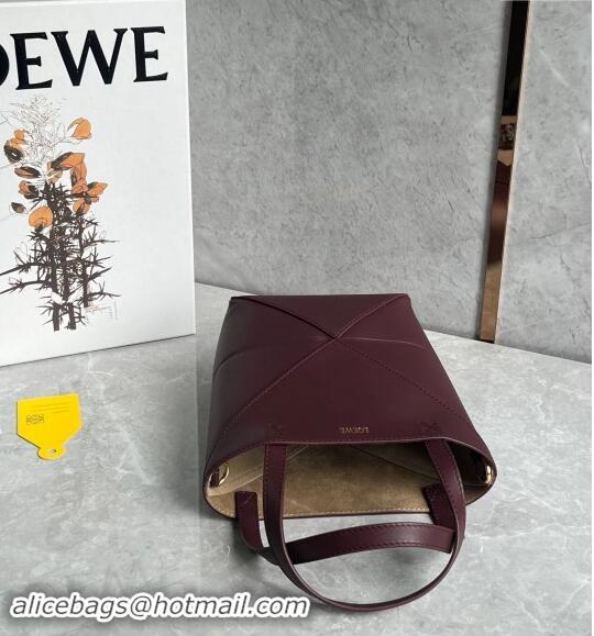 Top Quality Loewe Mini Puzzle Fold Tote Bag in shiny calfskin L0051 Dark Burgundy 2024