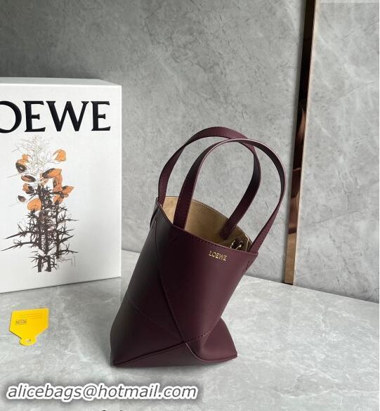 Top Quality Loewe Mini Puzzle Fold Tote Bag in shiny calfskin L0051 Dark Burgundy 2024