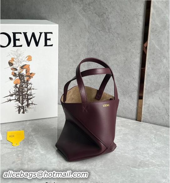 Top Quality Loewe Mini Puzzle Fold Tote Bag in shiny calfskin L0051 Dark Burgundy 2024