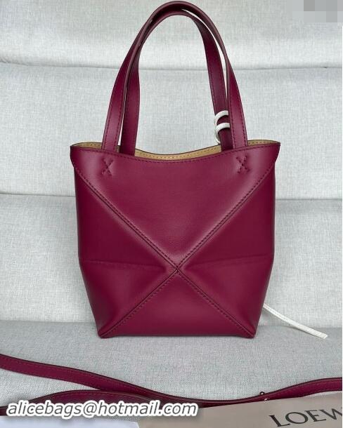 Top Grade Loewe Mini Puzzle Fold Tote Bag in patchwork calfskin L0051 Crimson Red (With Charm) 2024