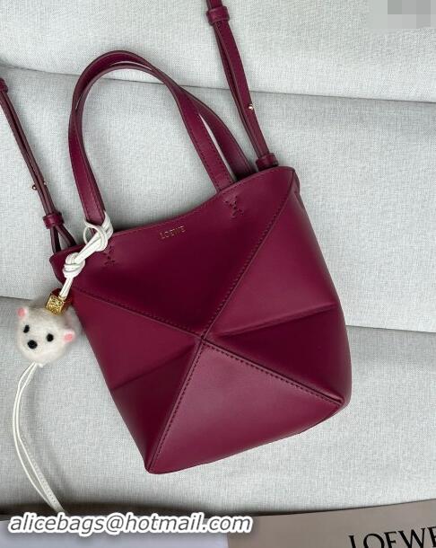 Top Grade Loewe Mini Puzzle Fold Tote Bag in patchwork calfskin L0051 Crimson Red (With Charm) 2024