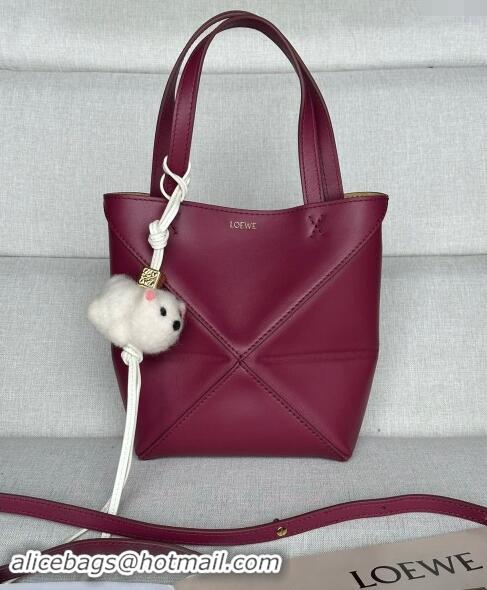 Top Grade Loewe Mini Puzzle Fold Tote Bag in patchwork calfskin L0051 Crimson Red (With Charm) 2024