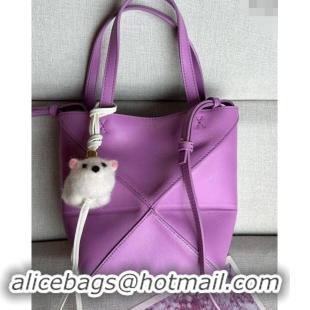 Best Price Loewe Mini Puzzle Fold Tote Bag in shiny calfskin L0051 Rockrose Purple (With Charm) 2024