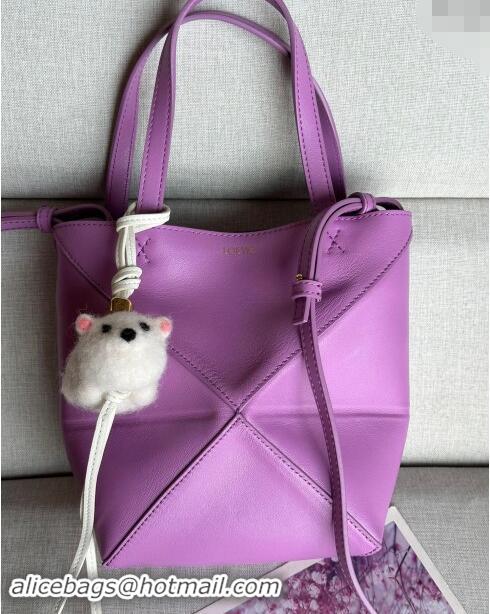 Best Price Loewe Mini Puzzle Fold Tote Bag in shiny calfskin L0051 Rockrose Purple (With Charm) 2024