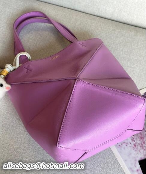 Best Price Loewe Mini Puzzle Fold Tote Bag in shiny calfskin L0051 Rockrose Purple (With Charm) 2024