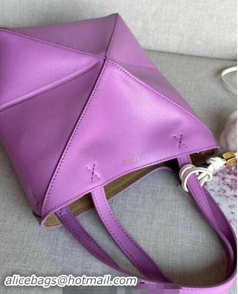 Best Price Loewe Mini Puzzle Fold Tote Bag in shiny calfskin L0051 Rockrose Purple (With Charm) 2024