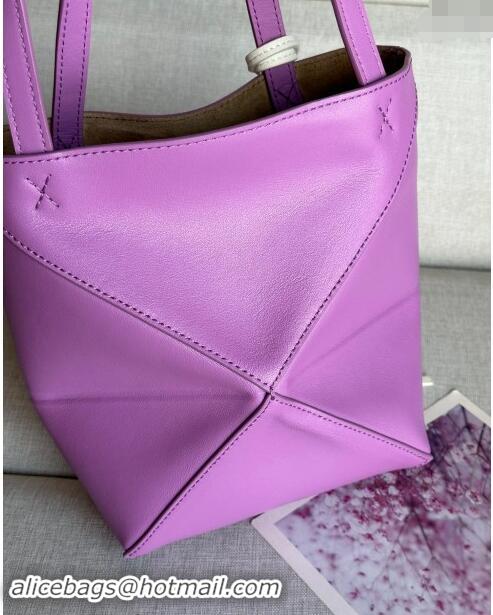 Best Price Loewe Mini Puzzle Fold Tote Bag in shiny calfskin L0051 Rockrose Purple (With Charm) 2024