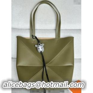 Top Grade Loewe Medium Puzzle Fold Tote Bag in shiny calfskin L0059 Olive Green (With Charm) 2024