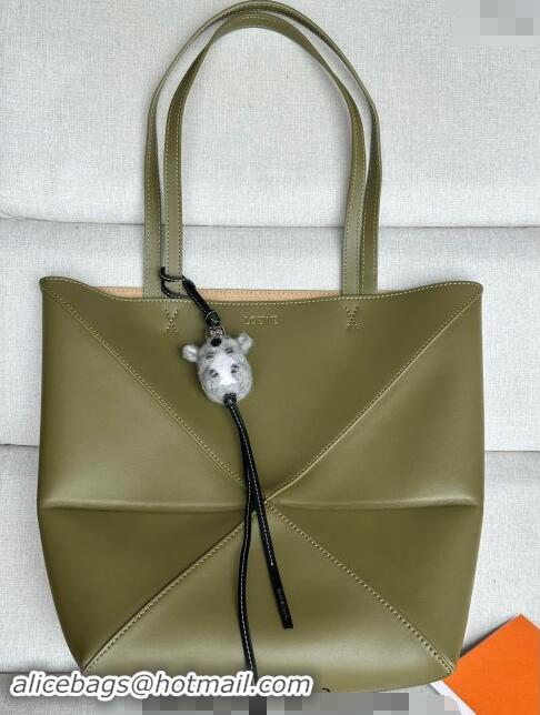 Top Grade Loewe Medium Puzzle Fold Tote Bag in shiny calfskin L0059 Olive Green (With Charm) 2024