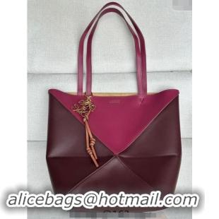 Super Quality Loewe Medium Puzzle Fold Tote Bag in patchwork calfskin L0059 Burgundy/Red 2024 (No Charm)