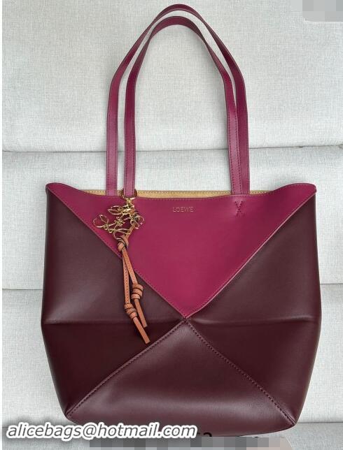 Super Quality Loewe Medium Puzzle Fold Tote Bag in patchwork calfskin L0059 Burgundy/Red 2024 (No Charm)