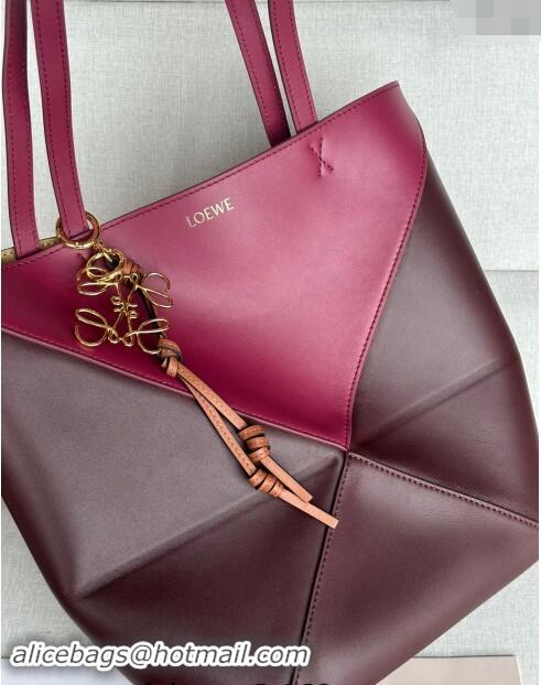 Super Quality Loewe Medium Puzzle Fold Tote Bag in patchwork calfskin L0059 Burgundy/Red 2024 (No Charm)