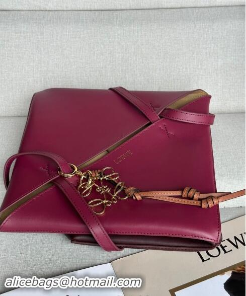 Super Quality Loewe Medium Puzzle Fold Tote Bag in patchwork calfskin L0059 Burgundy/Red 2024 (No Charm)