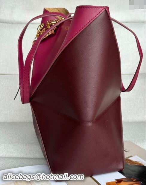 Super Quality Loewe Medium Puzzle Fold Tote Bag in patchwork calfskin L0059 Burgundy/Red 2024 (No Charm)