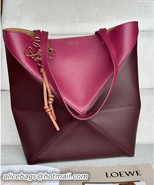 Super Quality Loewe Medium Puzzle Fold Tote Bag in patchwork calfskin L0059 Burgundy/Red 2024 (No Charm)