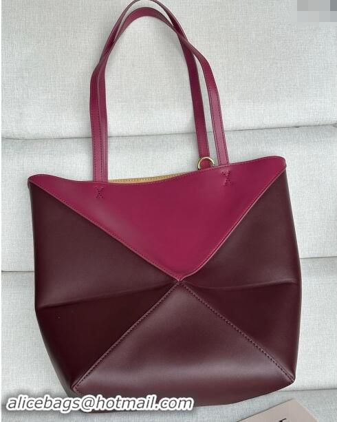 Super Quality Loewe Medium Puzzle Fold Tote Bag in patchwork calfskin L0059 Burgundy/Red 2024 (No Charm)