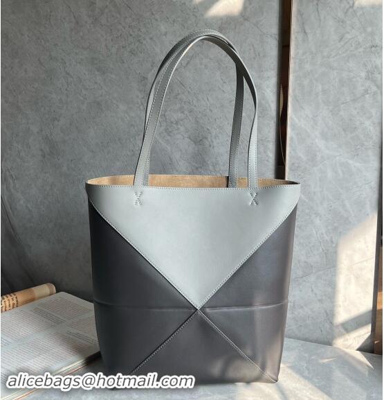 Modern Grade Loewe Medium Puzzle Fold Tote Bag in patchwork calfskin L0059 Light Grey/Dark Grey 2024