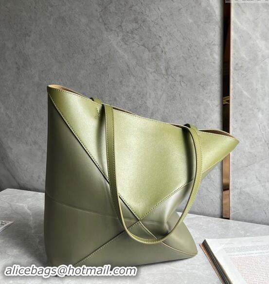 Most Popular Loewe Medium Puzzle Fold Tote Bag in patchwork calfskin L0059 Olive/Khaki Green 2024