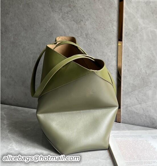 Most Popular Loewe Medium Puzzle Fold Tote Bag in patchwork calfskin L0059 Olive/Khaki Green 2024