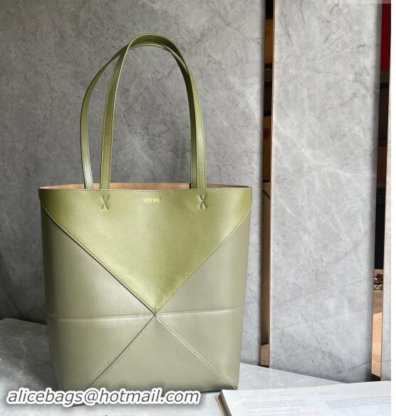 Most Popular Loewe Medium Puzzle Fold Tote Bag in patchwork calfskin L0059 Olive/Khaki Green 2024