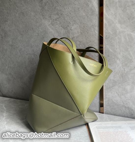 Most Popular Loewe Medium Puzzle Fold Tote Bag in patchwork calfskin L0059 Olive/Khaki Green 2024