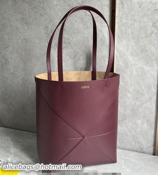 Best Product Loewe Medium Puzzle Fold Tote Bag in shiny calfskin L0059 Dark Burgundy 2024