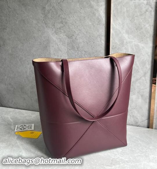 Best Product Loewe Medium Puzzle Fold Tote Bag in shiny calfskin L0059 Dark Burgundy 2024