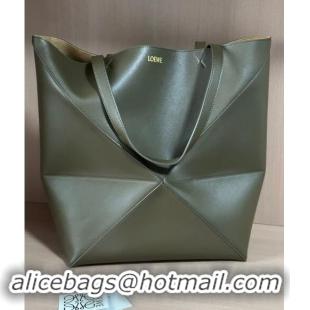 New Style Loewe Large Puzzle Fold Tote Bag in shiny calfskin L0066 Khaki Green 2024